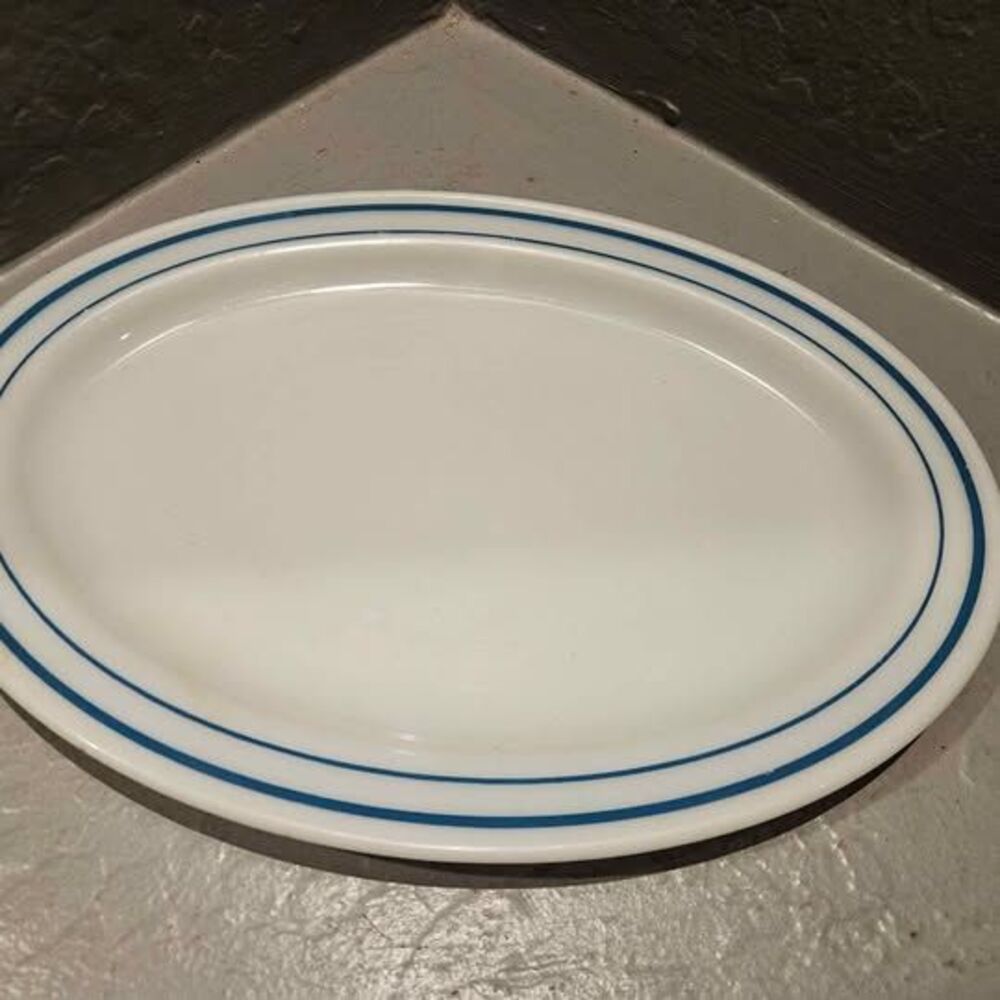 Pyrex Blue Banded Milk Glass Platter Serving Platter 12.5" x 9"